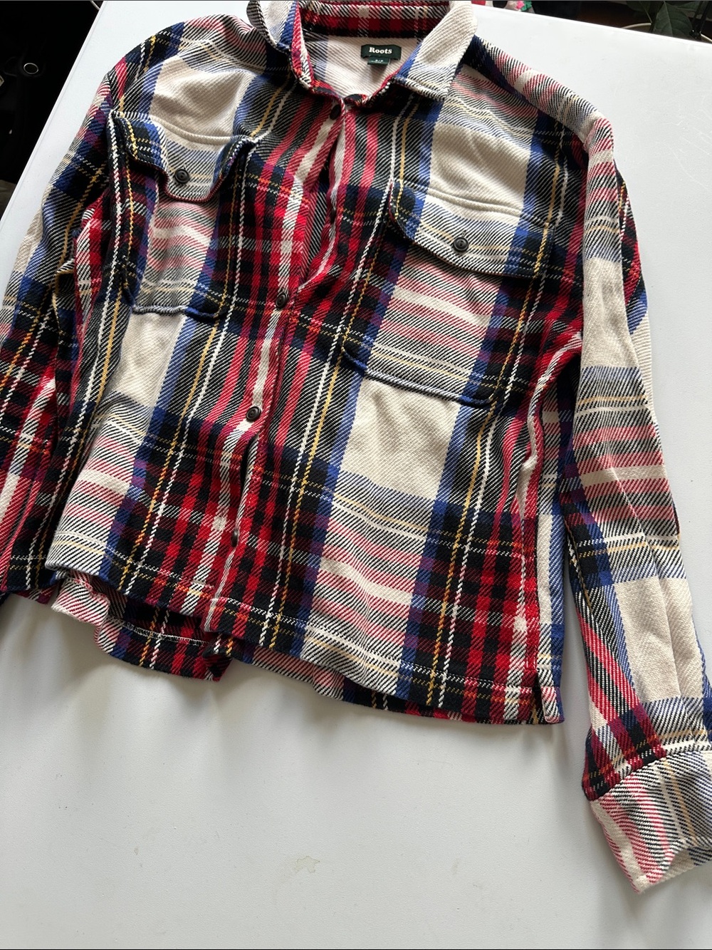 S—Roots Plaid Button-Down Shirt Jacket in Red, Navy & Cream